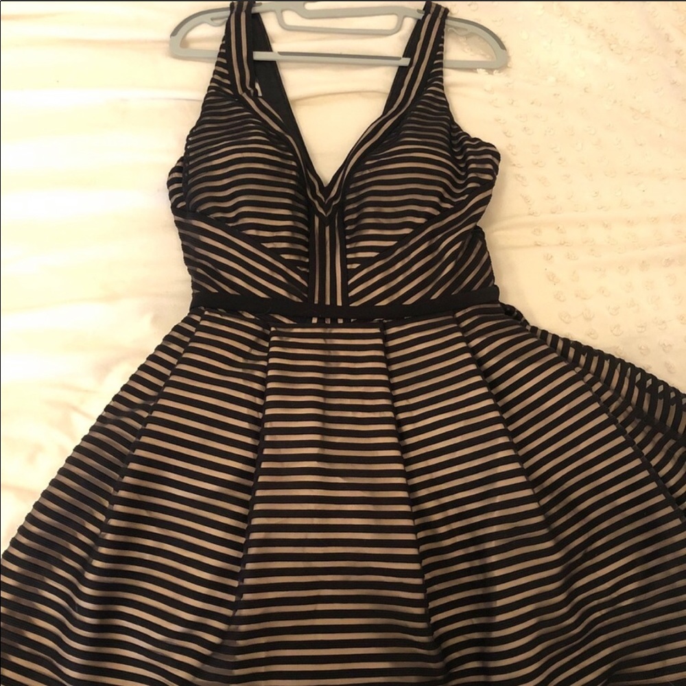 La Femme Stripped V-Neck A-line Dress
